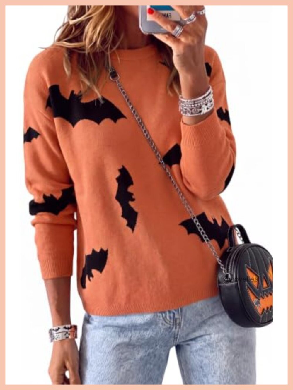 100% Cotton Relaxed Fit Halloween Bat Print Crewneck Pullover Sweater